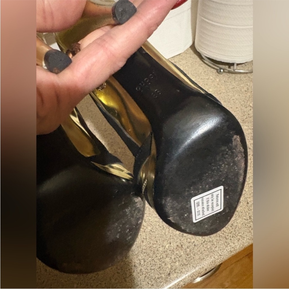 Gucci Black and Metallic Gold Open-Toe Stiletto Pump - Picture 13 of 14